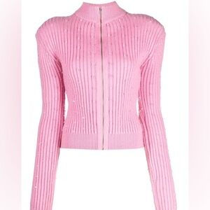 David Koma pink ribbed embellished zip front cardigan sweater size medium